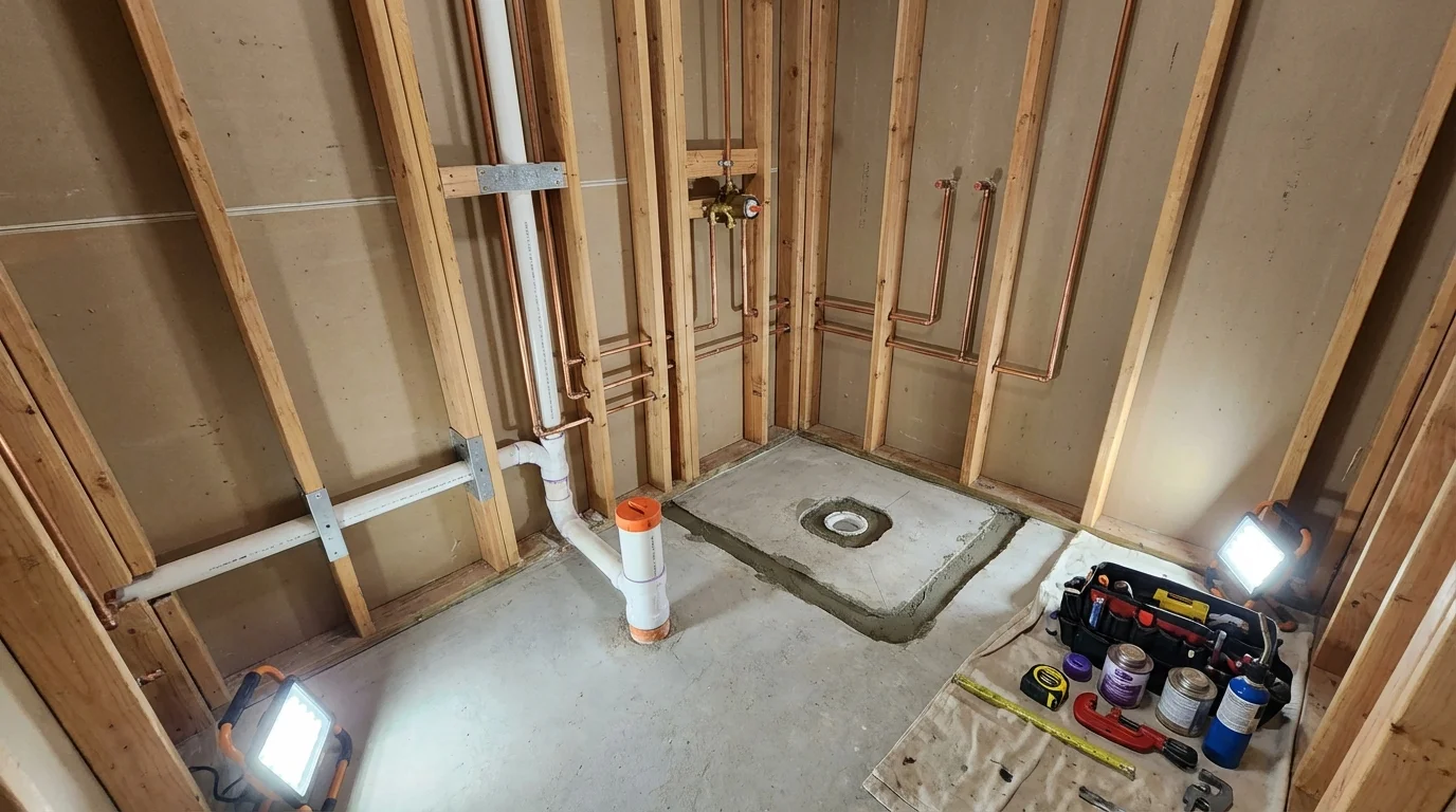 Bathroom rough-in plumbing during remodel by Johns Plumbing LLC in South Bound Brook
