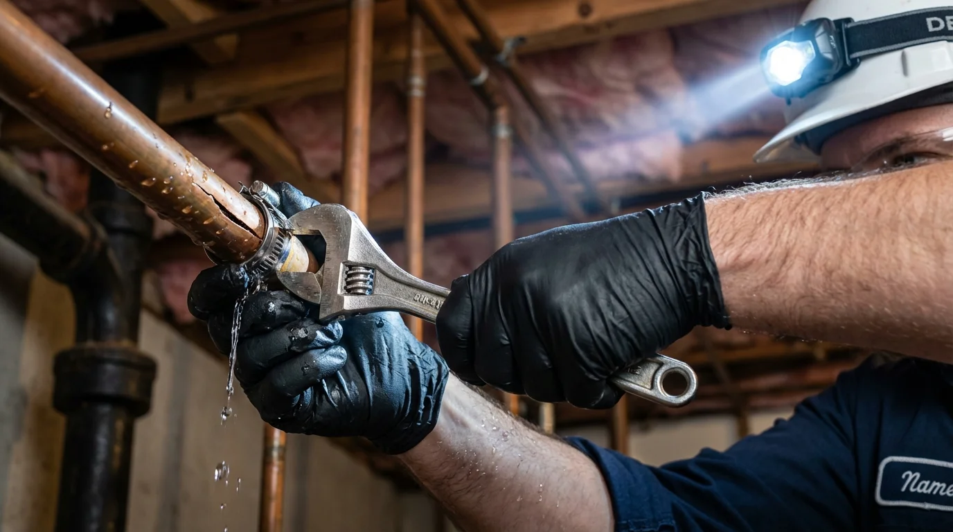 Emergency pipe clamp repair being performed by a Johns Plumbing LLC plumber in South Bound Brook