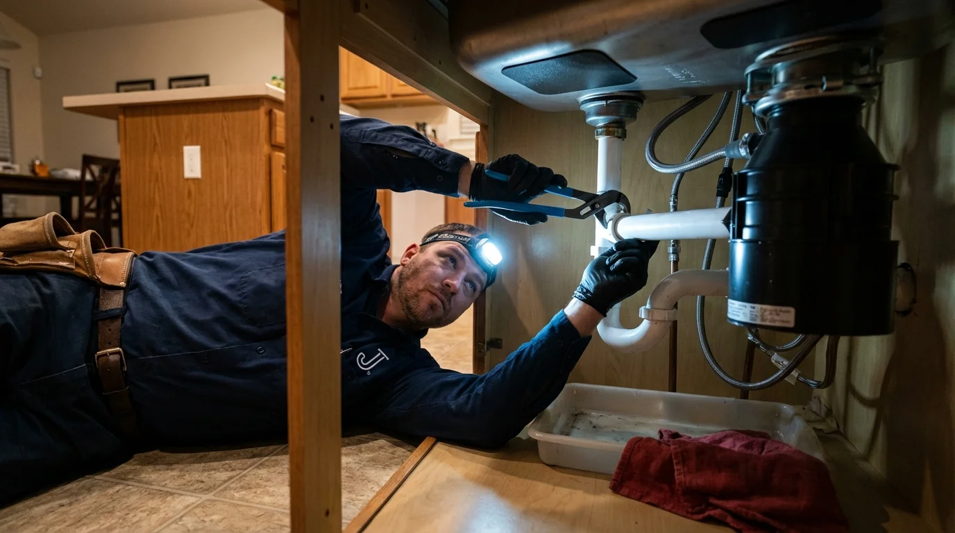 P-trap and supply line connections under a kitchen sink showing a common leak point in South Bound Brook, NJ